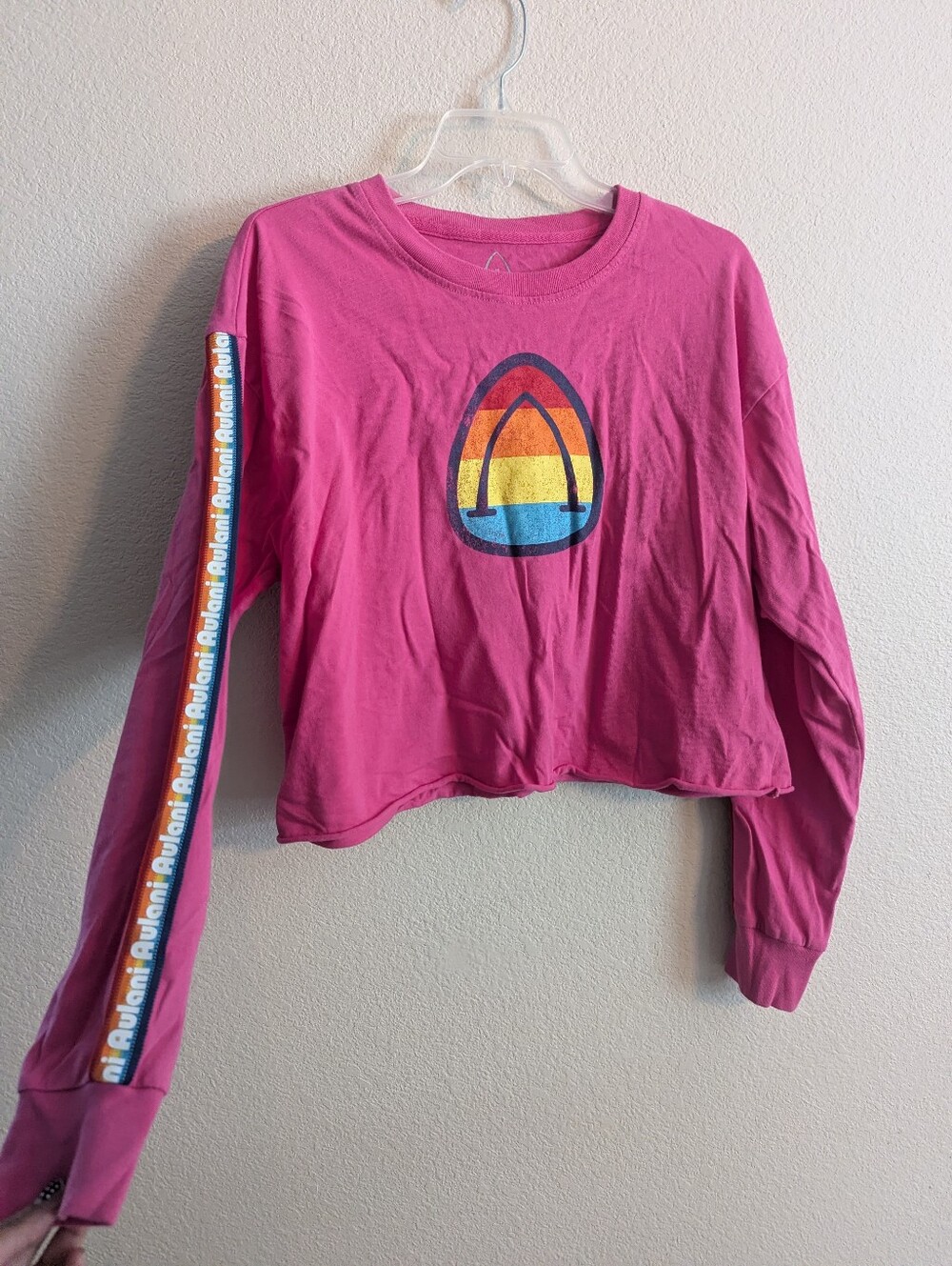 Disney Pink Cropped Long Sleeve Top with Rainbow Graphic